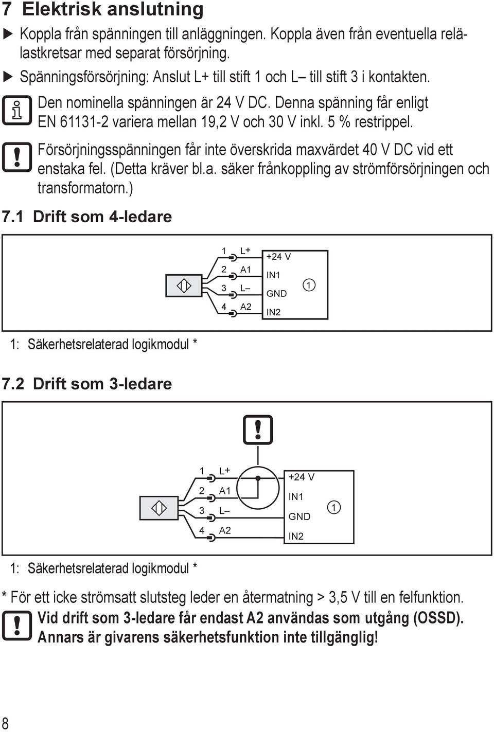 Försörjningsspänningen får inte överskrida maxvärdet 4 V DC vid ett enstaka fel. (Detta kräver bl.a. säker frånkoppling av strömförsörjningen och transformatorn.) 7.