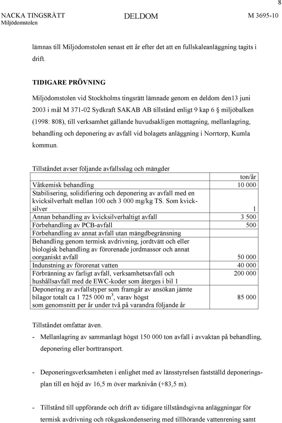 huvudsakligen mottagning, mellanlagring, behandling och deponering av avfall vid bolagets anläggning i Norrtorp, Kumla kommun.