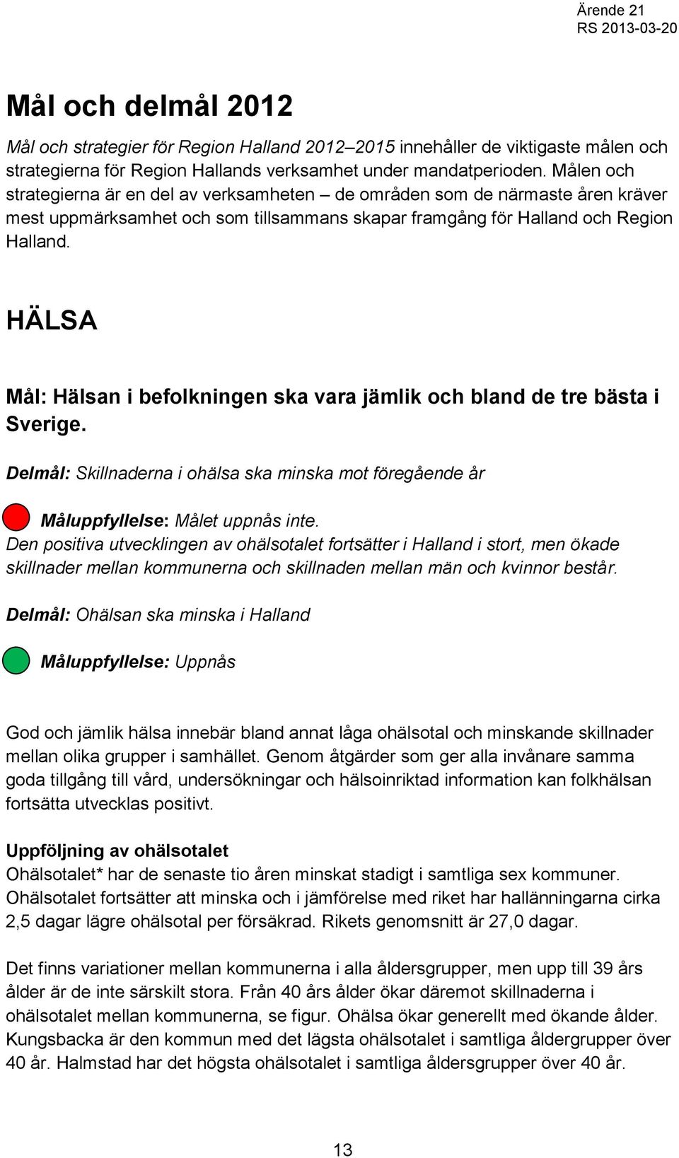 HÄLSA Mål: Hälsan i befolkningen ska vara jämlik och bland de tre bästa i Sverige. Delmål: Skillnaderna i ohälsa ska minska mot föregående år Måluppfyllelse: Målet uppnås inte.