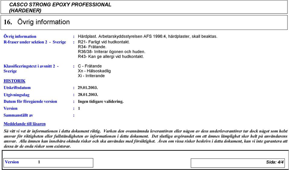 Klassificeringstext i avsnitt 2 HISTORIK Utskriftsdatum Utgivningsdag Datum för föregående version Version Sammanställt av C Frätande Xn Hälsoskadlig Xi Irriterande 2.01.2003.