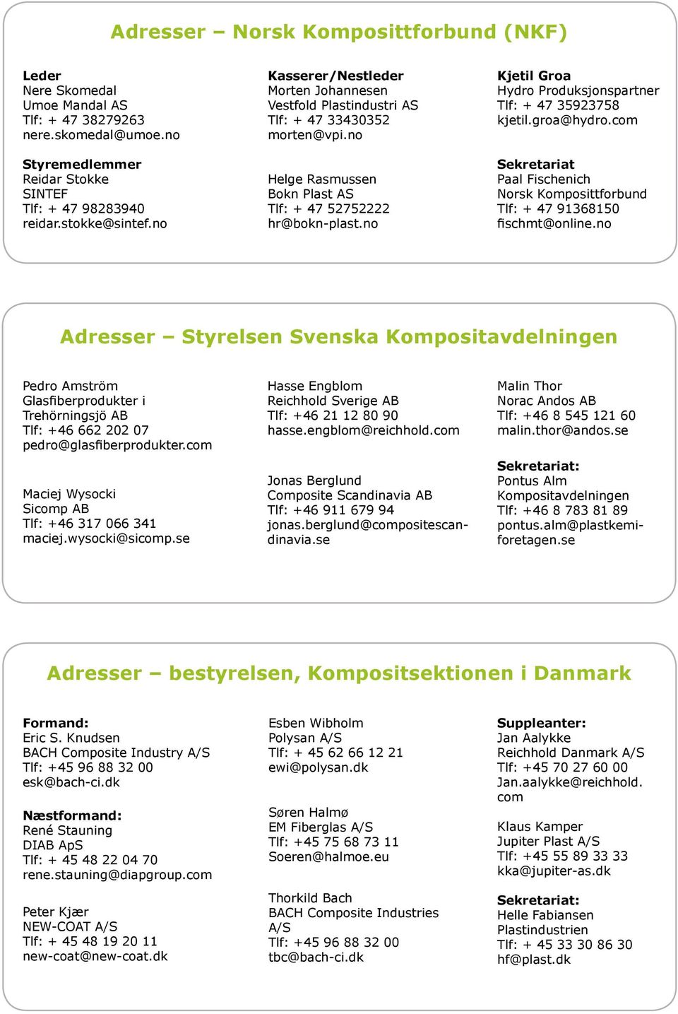 no Kjetil Groa Hydro Produksjonspartner Tlf: + 47 35923758 kjetil.groa@hydro.com Sekretariat Paal Fischenich Norsk Komposittforbund Tlf: + 47 91368150 fischmt@online.