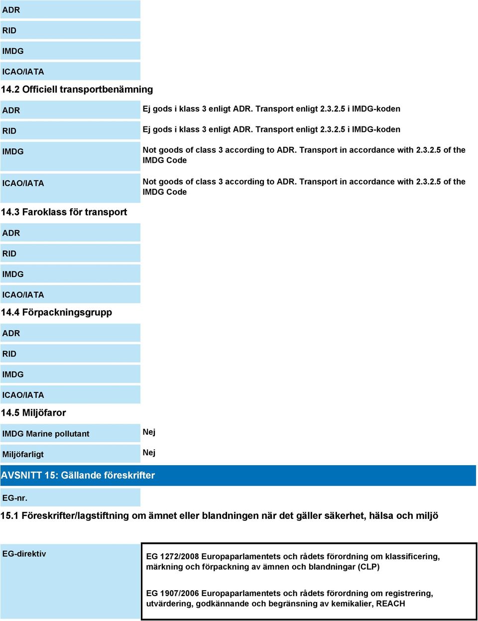 3 Faroklass för transport ADR RID IMDG ICAO/IATA 14.4 Förpackningsgrupp ADR RID IMDG ICAO/IATA 14.5 Miljöfaror IMDG Marine pollutant Miljöfarligt Nej Nej AVSNITT 15: