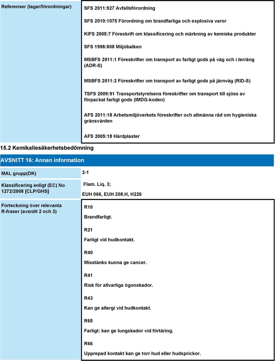 Transportstyrelsens föreskrifter om transport till sjöss av förpackat farligt gods (IMDG-koden) AFS 2011:18 Arbetsmiljöverkets föreskrifter och allmänna råd om hygieniska gränsvärden AFS 2005:18