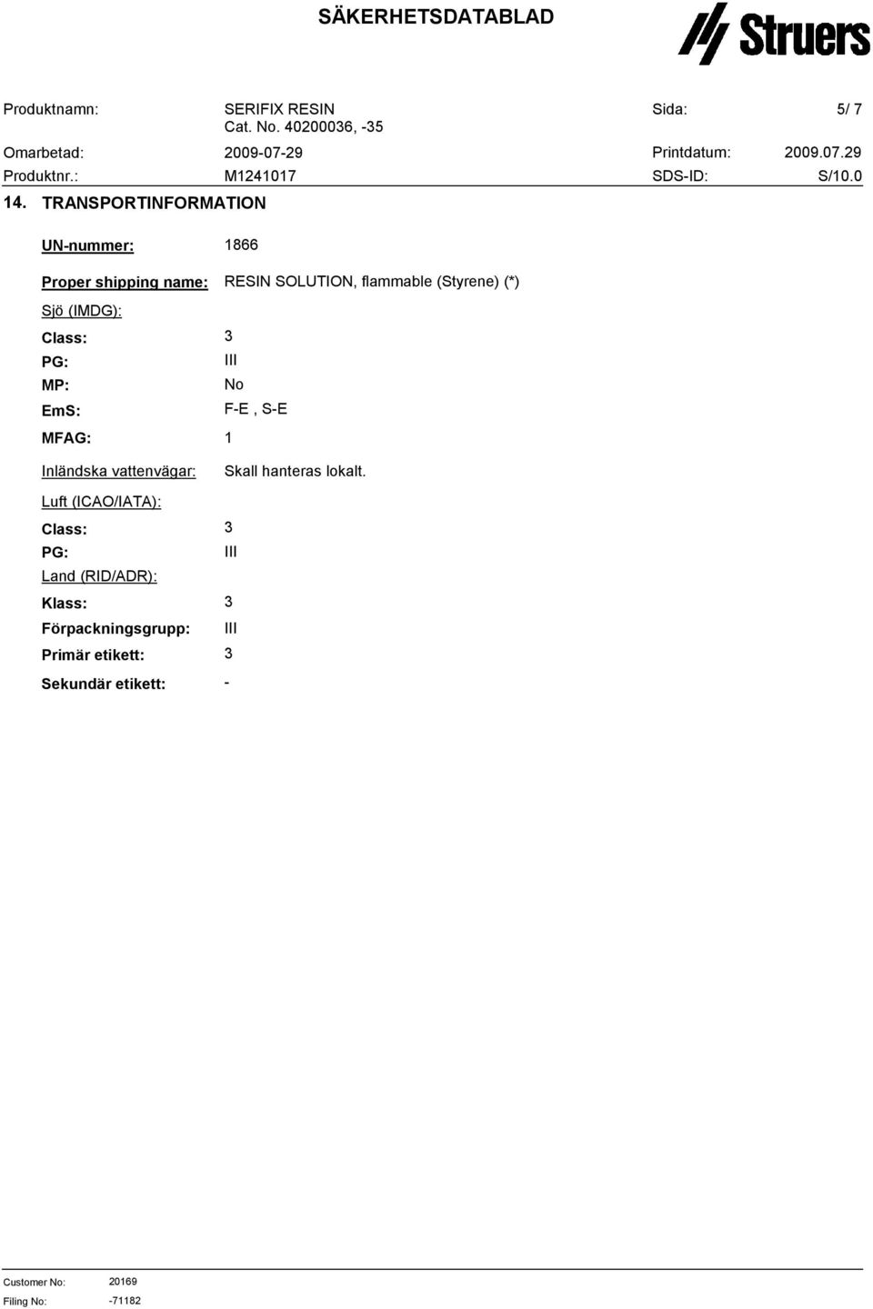 Land (RID/ADR): Klass: Förpackningsgrupp: Primär etikett: Sekundär etikett: 1866