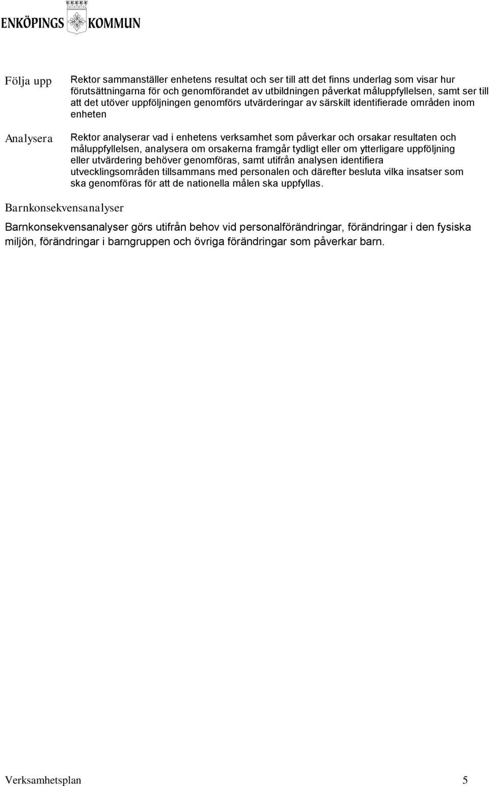 måluppfyllelsen, analysera om orsakerna framgår tydligt eller om ytterligare uppföljning eller utvärdering behöver genomföras, samt utifrån analysen identifiera utvecklingsområden tillsammans med