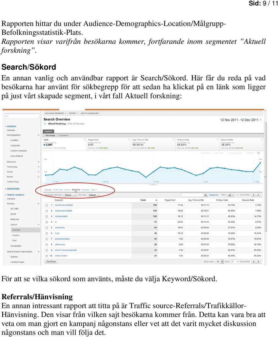 Här får du reda på vad besökarna har använt för sökbegrepp för att sedan ha klickat på en länk som ligger på just vårt skapade segment, i vårt fall Aktuell forskning: För att se vilka sökord som