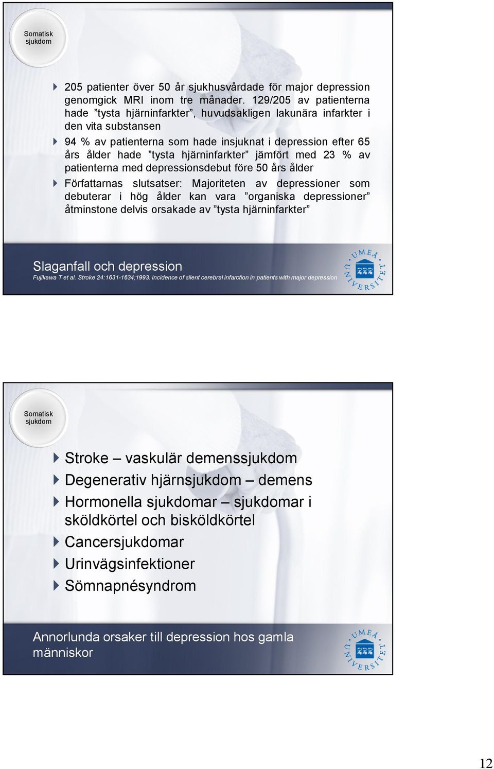 hjärninfarkter jämfört med 23 % av patienterna med depressionsdebut före 50 års ålder Författarnas slutsatser: Majoriteten av depressioner som debuterar i hög ålder kan vara organiska depressioner