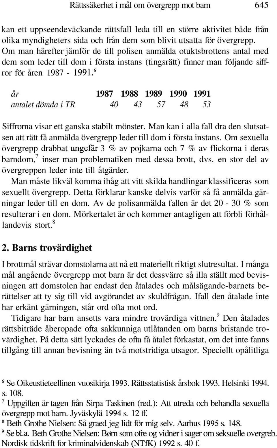 6 år 1987 1988 1989 1990 1991 antalet dömda i TR 40 43 57 48 53 Siffrorna visar ett ganska stabilt mönster.