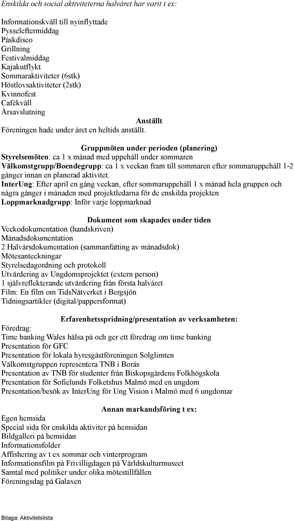 Gruppmöten under perioden (planering) Styrelsemöten: ca 1 x månad med uppehåll under maren Välkomstgrupp/Boendegrupp: ca 1 x veckan fram till maren efter maruppehåll 1-2 gånger innan en planerad