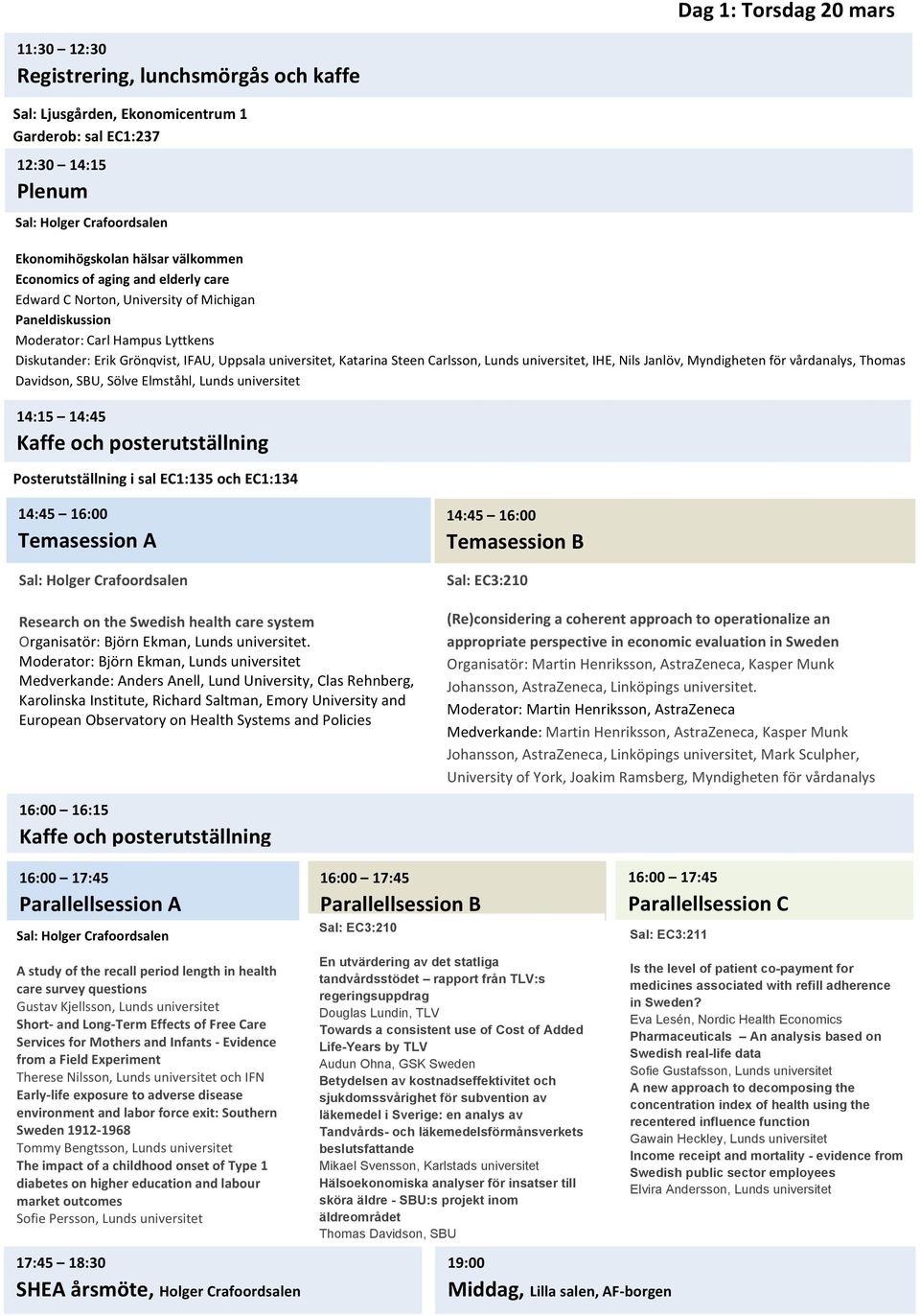 Moderator: Carl Hampus Lyttkens Diskutander: Erik Grönqvist, IFAU, Uppsala universitet, Katarina Steen Carlsson, Lunds universitet, IHE, Nils Janlöv, Myndigheten för vårdanalys, Thomas Davidson, SBU,