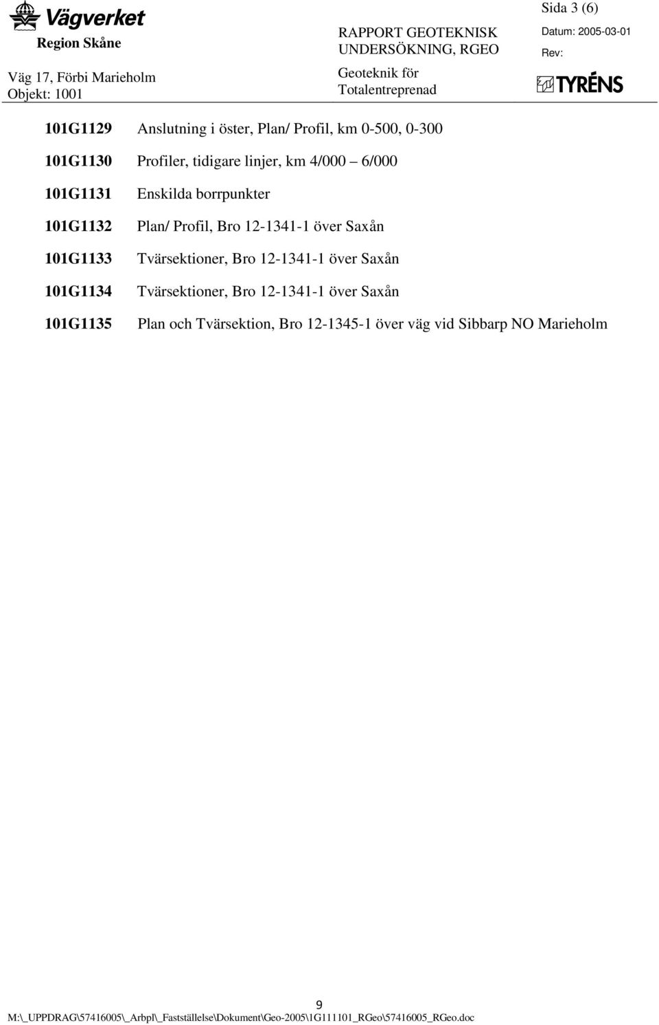 101G1135 Enskilda borrpunkter Plan/ Profil, Bro 12-1341-1 över Saxån Tvärsektioner, Bro 12-1341-1 över Saxån Tvärsektioner, Bro 12-1341-1 över Saxån Plan