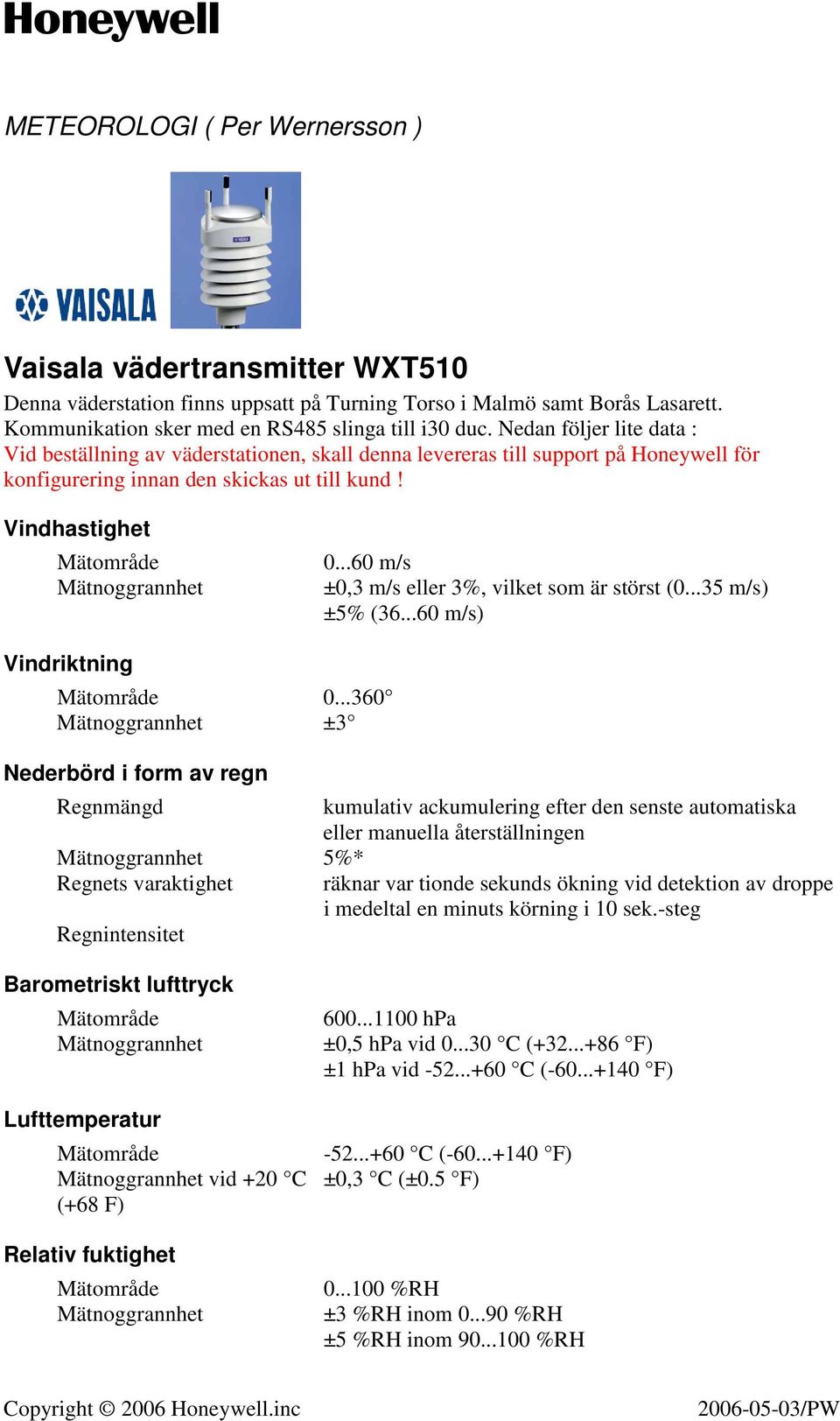 Vindhastighet Vindriktning Nederbörd i form av regn Regnmängd Regnets varaktighet Regnintensitet Barometriskt lufttryck Lufttemperatur vid +20 C (+68 F) Relativ fuktighet 0.