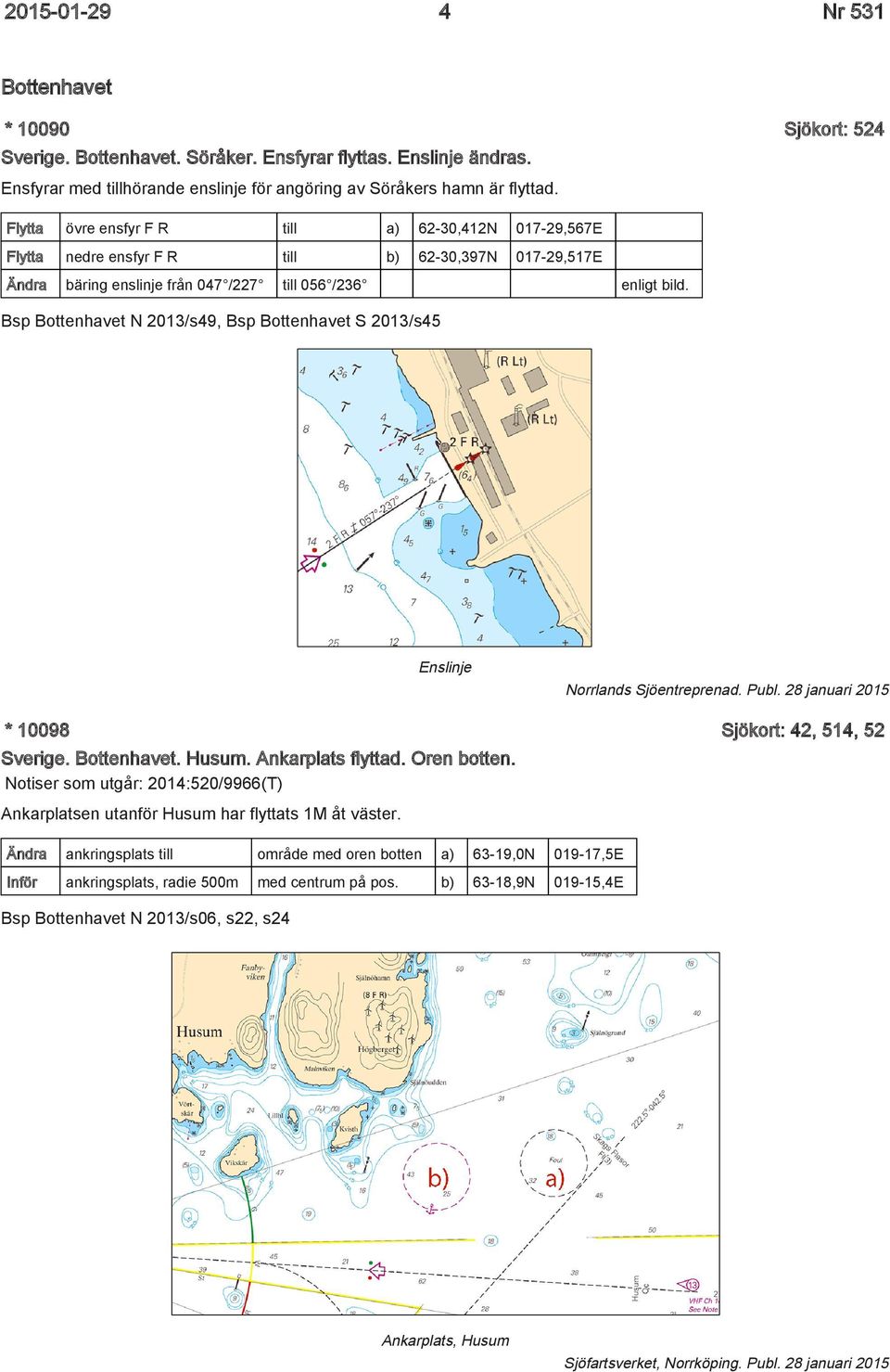 Bsp Bottenhavet N 2013/s49, Bsp Bottenhavet S 2013/s45 Enslinje Norrlands Sjöentreprenad. Publ. 28 januari 2015 * 10098 Sjökort: 42, 514, 52 Sverige. Bottenhavet. Husum. Ankarplats flyttad.