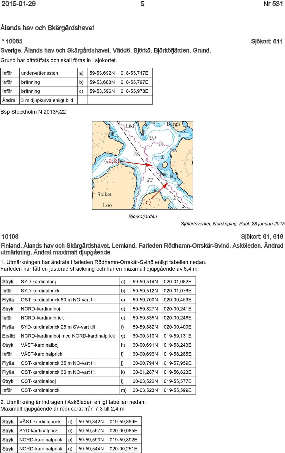 Björköfjärden Sjöfartsverket, Norrköping. Publ. 28 januari 2015 10108 Sjökort: 61, 619 Finland. Ålands hav och Skärgårdshavet. Lemland. Farleden Rödhamn-Orrskär-Svinö. Asköleden. Ändrad utmärkning.