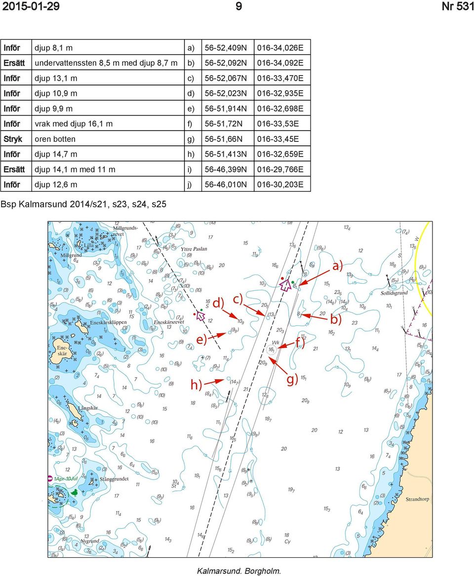 djup 16,1 m f) 56-51,72N 016-33,53E Stryk oren botten g) 56-51,66N 016-33,45E Inför djup 14,7 m h) 56-51,413N 016-32,659E Ersätt djup 14,1