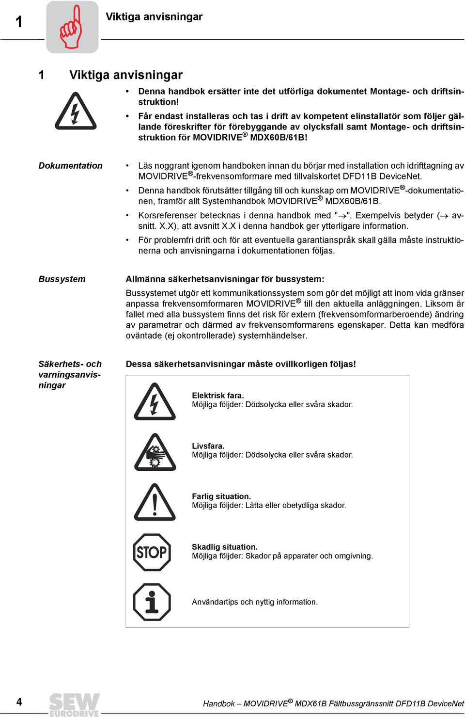 Dokumentation Läs noggrant igenom handboken innan du börjar med installation och idrifttagning av MOVIDRIVE -frekvensomformare med tillvalskortet DFD11B DeviceNet.