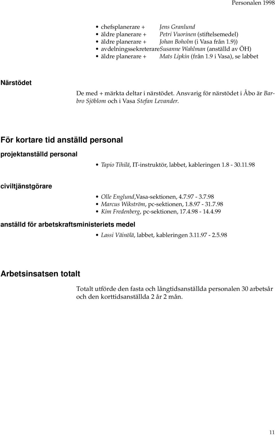 Ansvarig för närstödet i Åbo är Barbro Sjöblom och i Vasa Stefan Levander. För kortare tid anställd personal projektanställd personal Tapio Tihilä, IT-instruktör, labbet, kableringen 1.8-30.11.