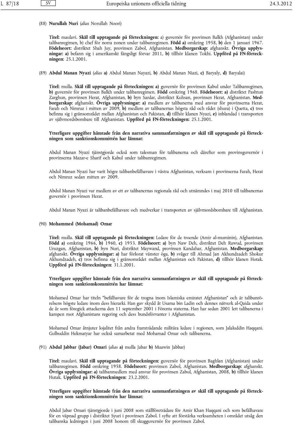 Födelseort: distriktet Shah Juy, provinsen Zabol, Afghanistan. Medborgarskap: afghanskt. Övriga upplysningar: a) befann sig i amerikanskt fängsligt förvar 2011, b) tillhör klanen Tokhi.