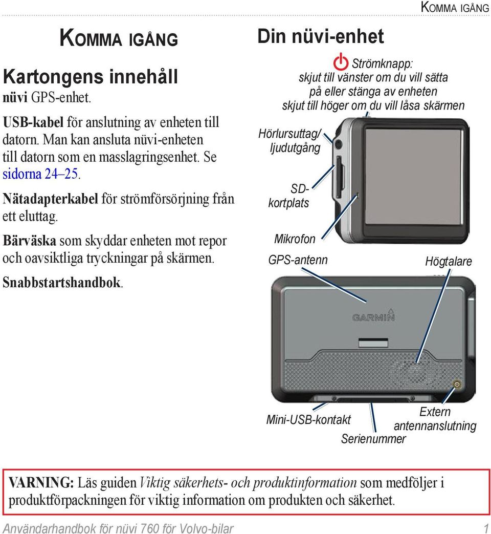 Din nüvi-enhet Hörlursuttag/ ljudutgång SDkortplats Mikrofon Komma igång Strömknapp: skjut till vänster om du vill sätta på eller stänga av enheten skjut till höger om du vill låsa