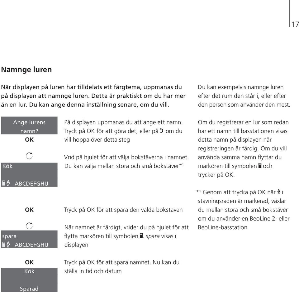 Kök ABCDEFGHIJ spara ABCDEFGHIJ På displayen uppmanas du att ange ett namn. Tryck på för att göra det, eller på om du vill hoppa över detta steg Vrid på hjulet för att välja bokstäverna i namnet.