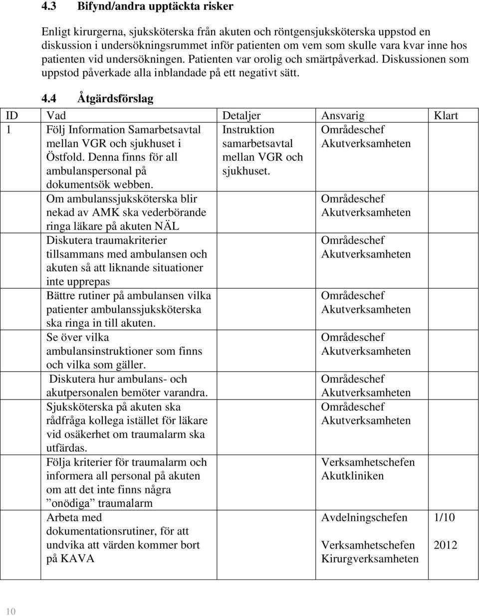 4 Åtgärdsförslag ID Vad Detaljer Ansvarig Klart 1 Följ Information Samarbetsavtal mellan VGR och sjukhuset i Östfold. Denna finns för all ambulanspersonal på dokumentsök webben.