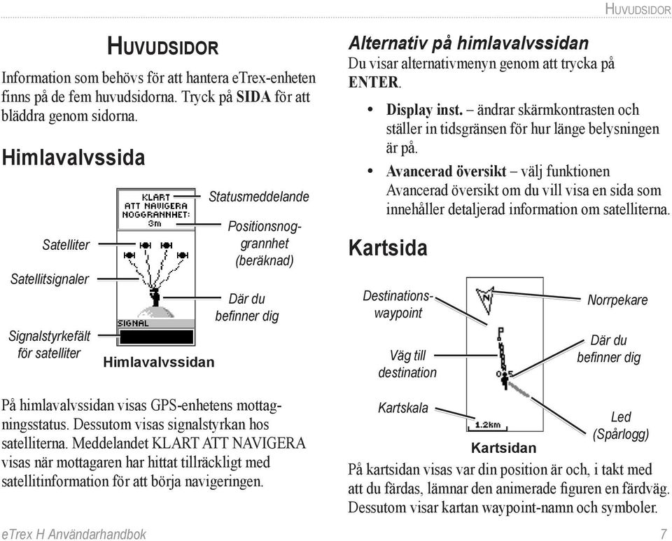 mottagningsstatus. Dessutom visas signalstyrkan hos satelliterna. Meddelandet Klart att navigera visas när mottagaren har hittat tillräckligt med satellitinformation för att börja navigeringen.