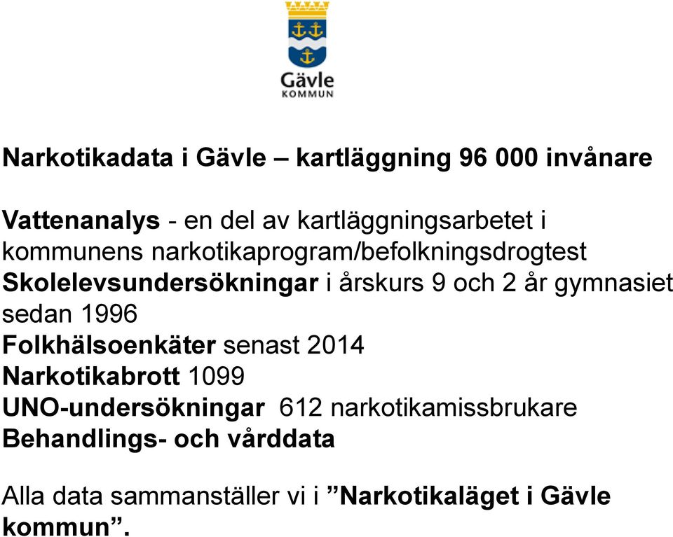 gymnasiet sedan 1996 Folkhälsoenkäter senast 2014 Narkotikabrott 1099 UNO-undersökningar 612