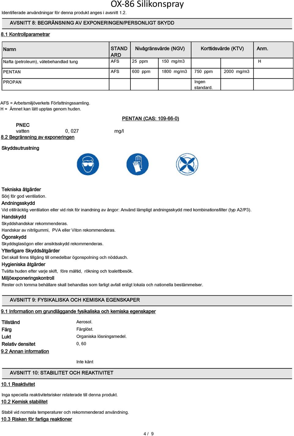 ARD Nafta (petroleum), vätebehandlad tung AFS 25 ppm 150 mg/m3 H PENTAN PROPAN AFS 600 ppm 1800 mg/m3 750 ppm 2000 mg/m3 Ingen standard. AFS = Arbetsmiljöverkets Författningssamling.