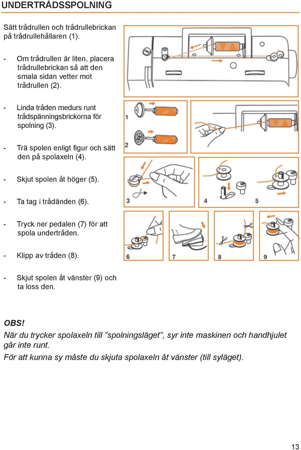 - Linda tråden medurs runt trådspänningsbrickorna för spolning (3). - Trä spolen enligt gur och sätt den på spolaxeln (4). - Skjut spolen åt höger (5).