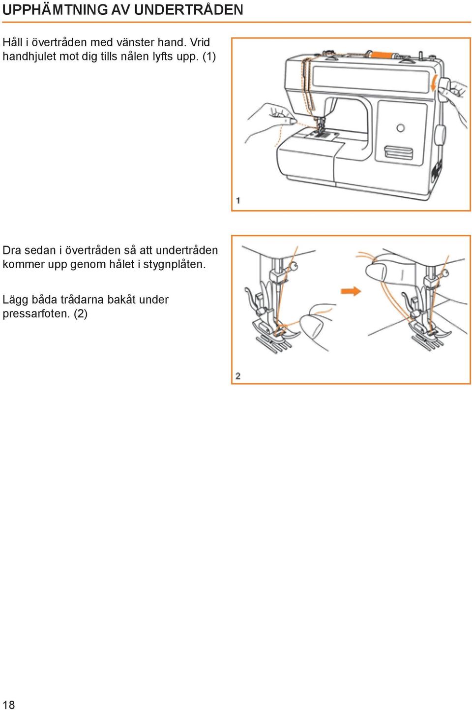 (1) Dra sedan i övertråden så att undertråden kommer upp