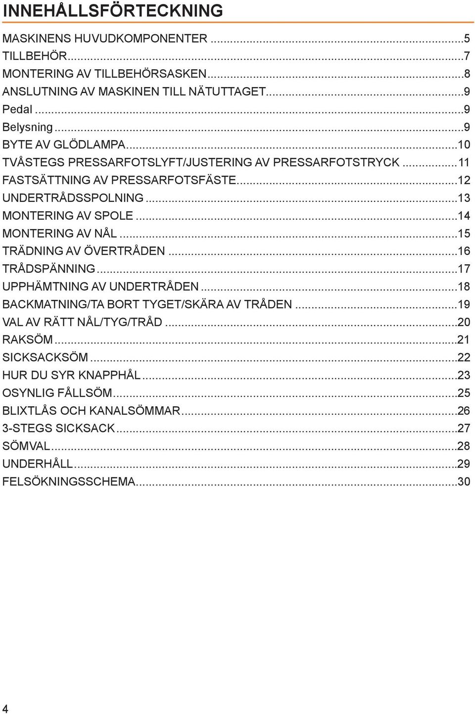 ..14 MONTERING AV NÅL...15 TRÄDNING AV ÖVERTRÅDEN...16 TRÅDSPÄNNING...17 UPPHÄMTNING AV UNDERTRÅDEN...18 BACKMATNING/TA BORT TYGET/SKÄRA AV TRÅDEN.