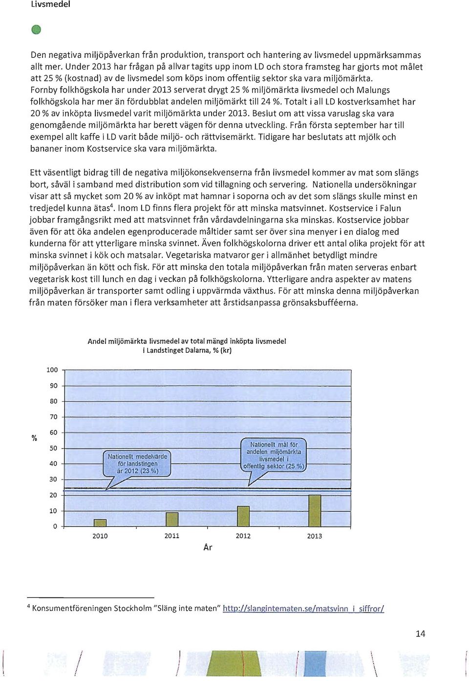 Fornby folkhögskola ha r under 2013 serverat drygt 25 % miljömärkta livsmedel och Malungs folkhögskola har mer än fördubblat andelen miljömärkt till 24 %.