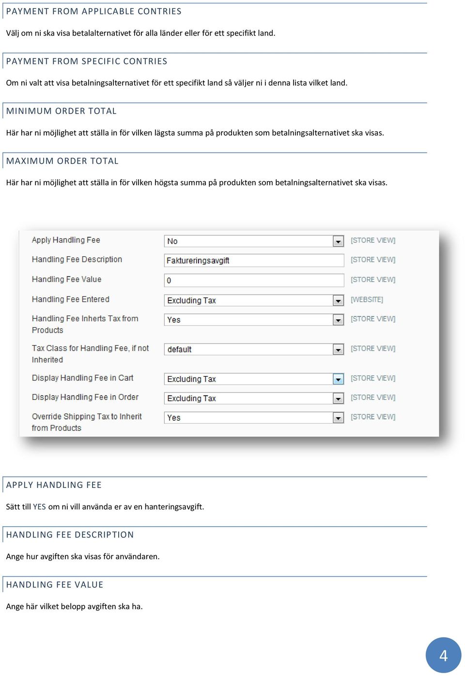 MINIMUM ORDER TOTAL Här har ni möjlighet att ställa in för vilken lägsta summa på produkten som betalningsalternativet ska visas.