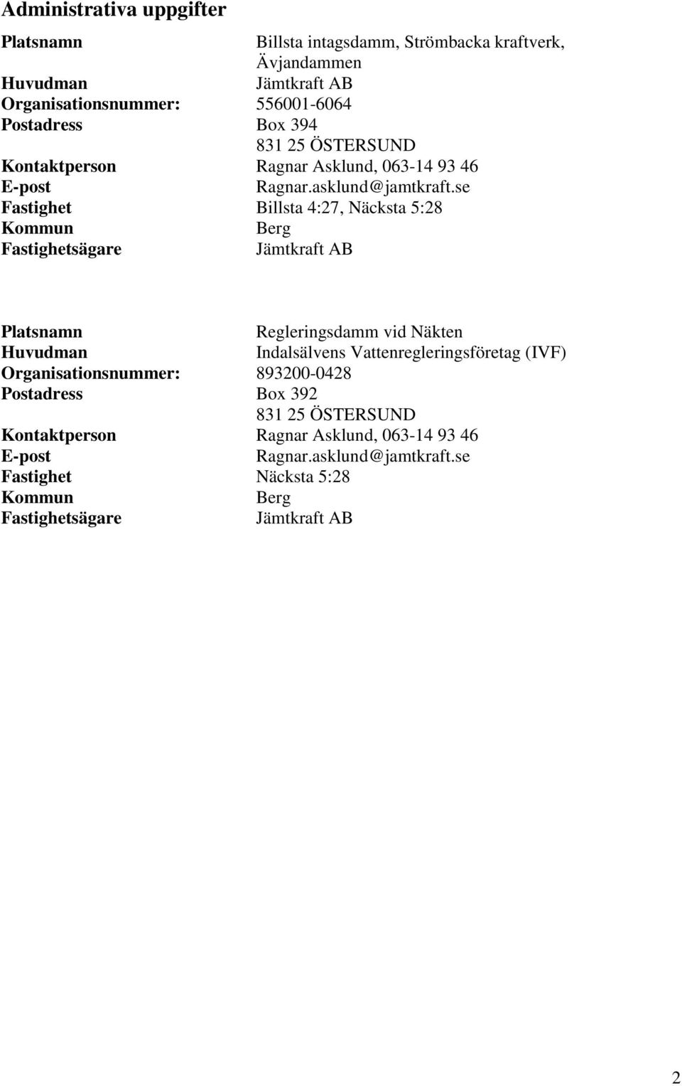 se Fastighet Billsta 4:27, Näcksta 5:28 Kommun Berg Fastighetsägare Jämtkraft AB Platsnamn Regleringsdamm vid Näkten Huvudman Indalsälvens