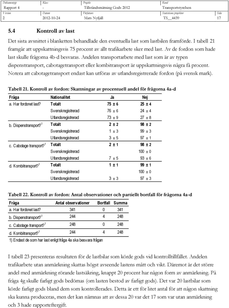 Andelen transportarbete med last som är av typen dispenstransport, cabotagetransport eller kombitransport är uppskattningsvis några få procent.