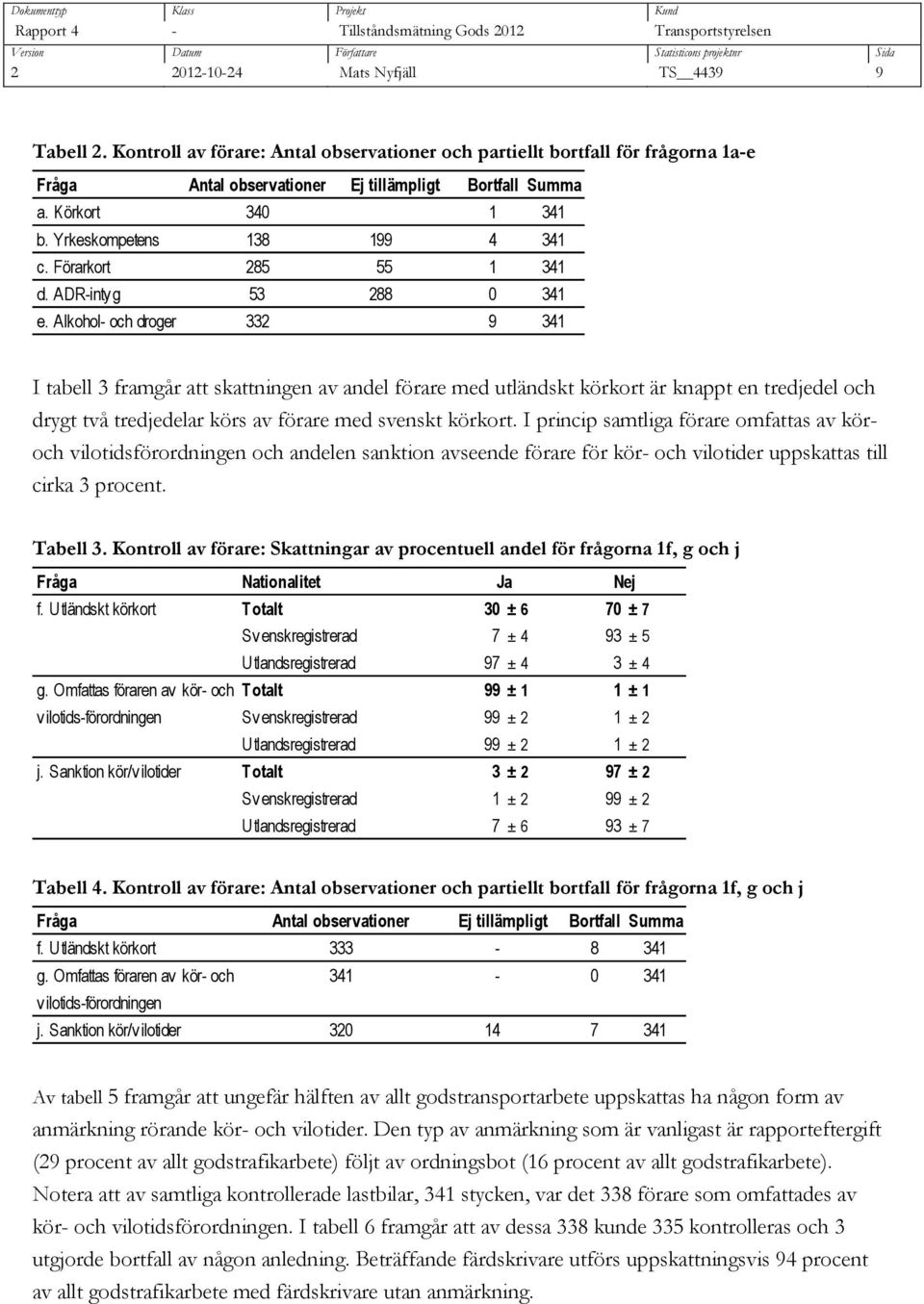 Alkohol- och droger 332 9 341 I tabell 3 framgår att skattningen av andel förare med utländskt körkort är knappt en tredjedel och drygt två tredjedelar körs av förare med svenskt körkort.