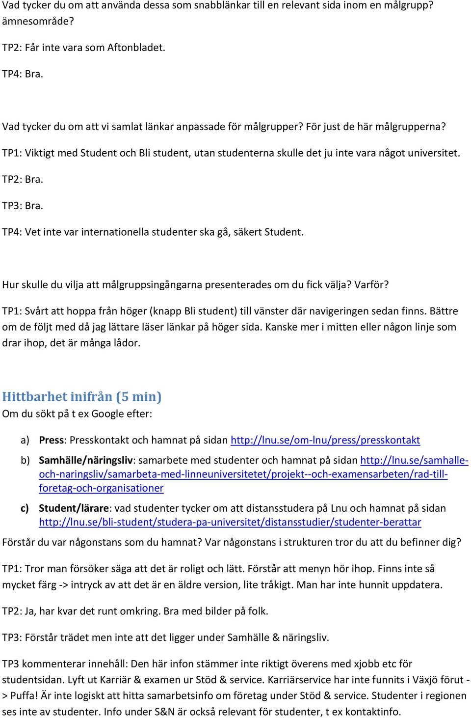 TP2: Bra. TP3: Bra. TP4: Vet inte var internationella studenter ska gå, säkert Student. Hur skulle du vilja att målgruppsingångarna presenterades om du fick välja? Varför?