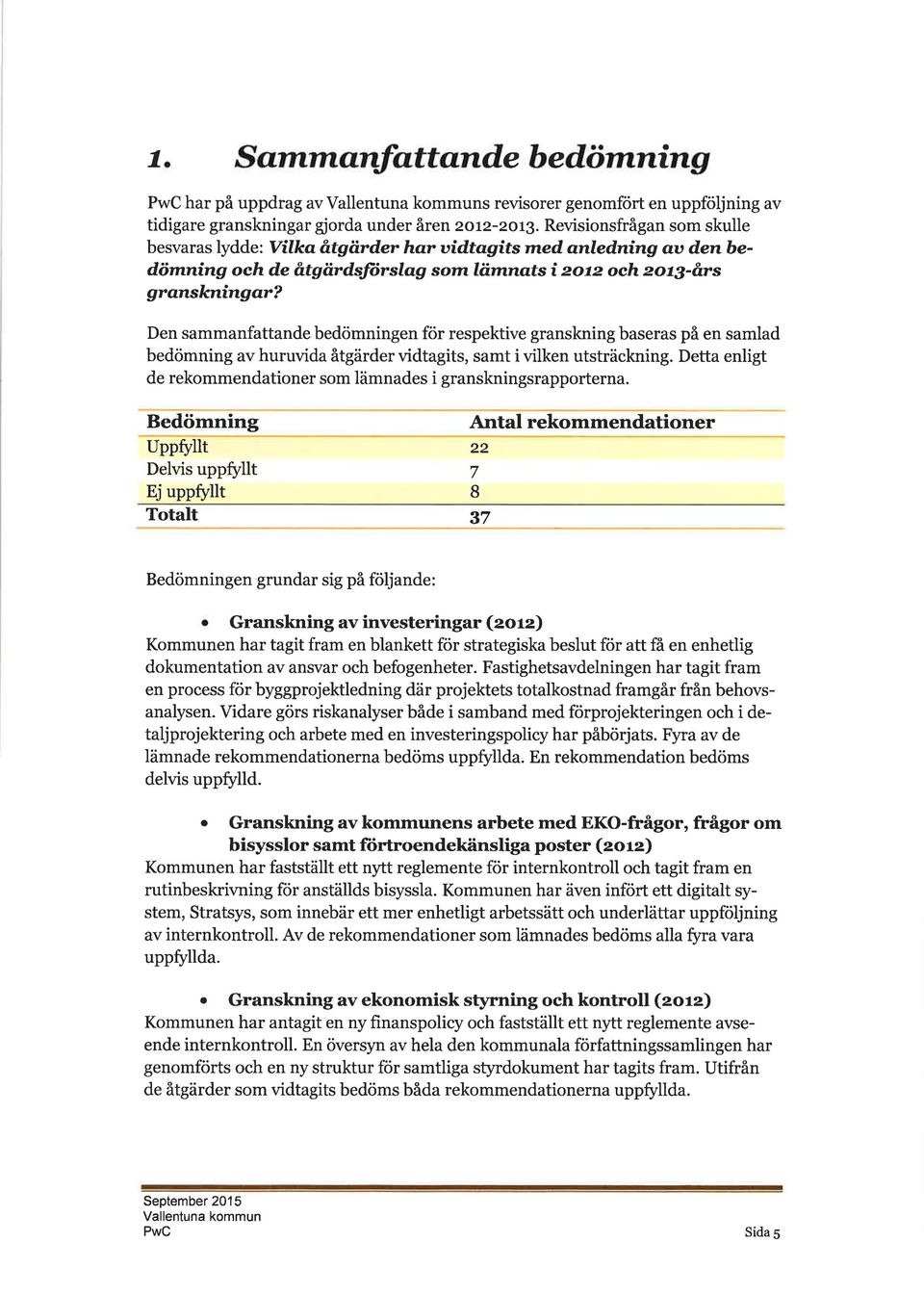 Den smmnfttnde bedömningen för respektive grnskning bsers på en smld bedömning v huruvid åtgärder vidtgits, smt i vilken utsträckning. Dett enligt de rekommendtioner som lämndes i grnskningsrpportern.