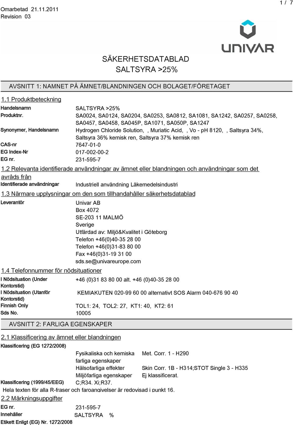 Saltsyra 34%, Saltsyra 36% kemisk ren, Saltsyra 3% kemisk ren CAS-nr 64-01-0 EG Index-Nr 01-002-00-2 EG nr. 231-595- 1.