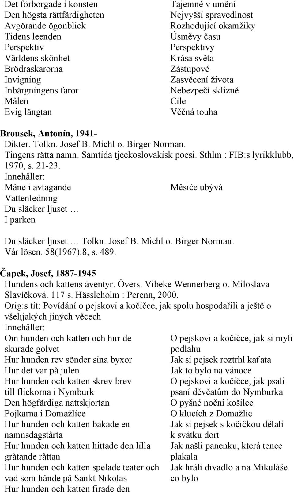 Birger Norman. Tingens rätta namn. Samtida tjeckoslovakisk poesi. Sthlm : FIB:s lyrikklubb, 1970, s. 21-23.