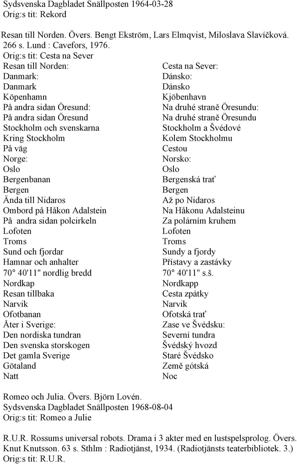 straně Öresundu Stockholm och svenskarna Stockholm a Švédové Kring Stockholm Kolem Stockholmu På väg Cestou Norge: Norsko: Oslo Oslo Bergenbanan Bergenská trať Bergen Bergen Ända till Nidaros Až po