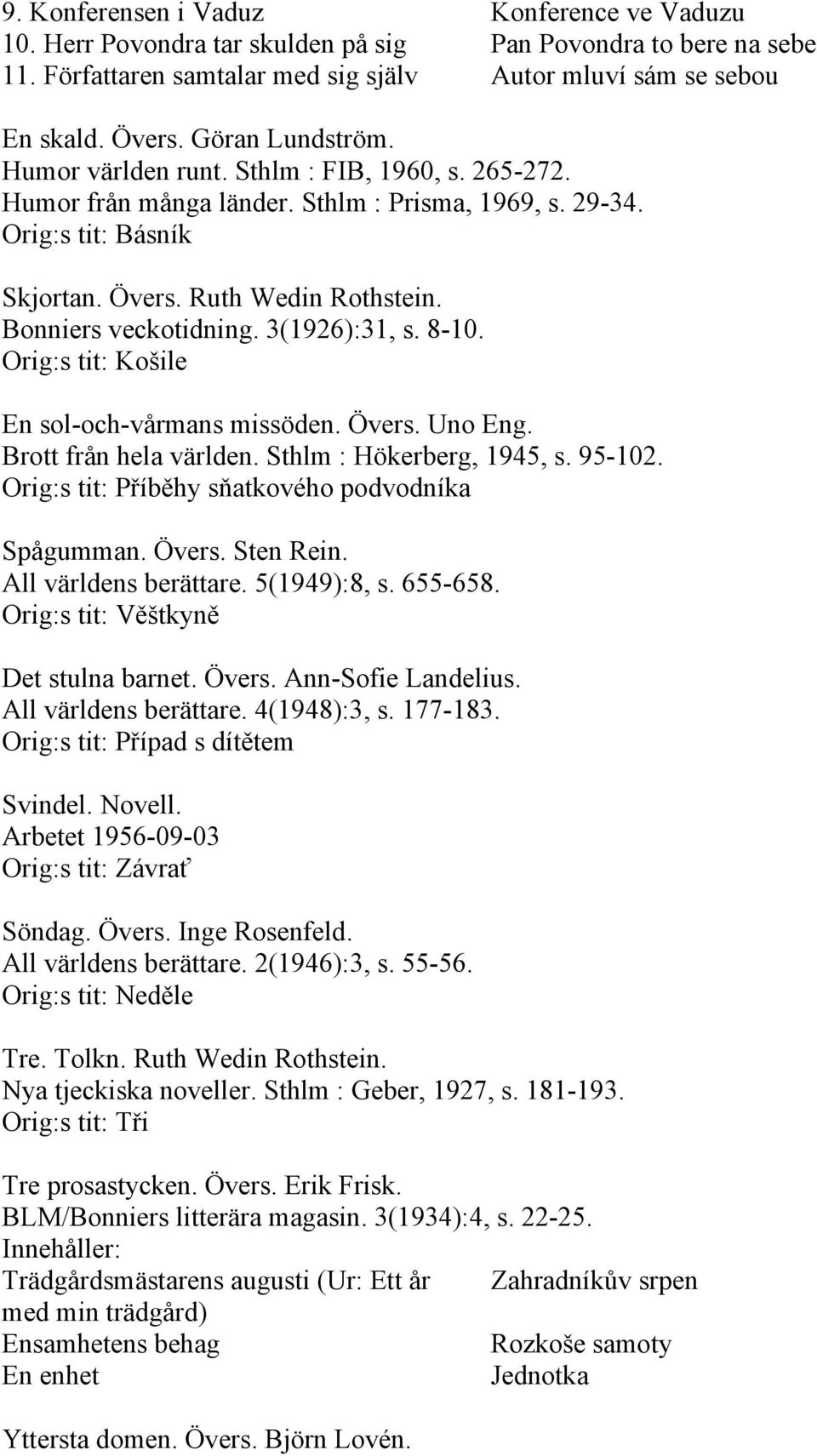 Bonniers veckotidning. 3(1926):31, s. 8-10. Orig:s tit: Košile En sol-och-vårmans missöden. Övers. Uno Eng. Brott från hela världen. Sthlm : Hökerberg, 1945, s. 95-102.