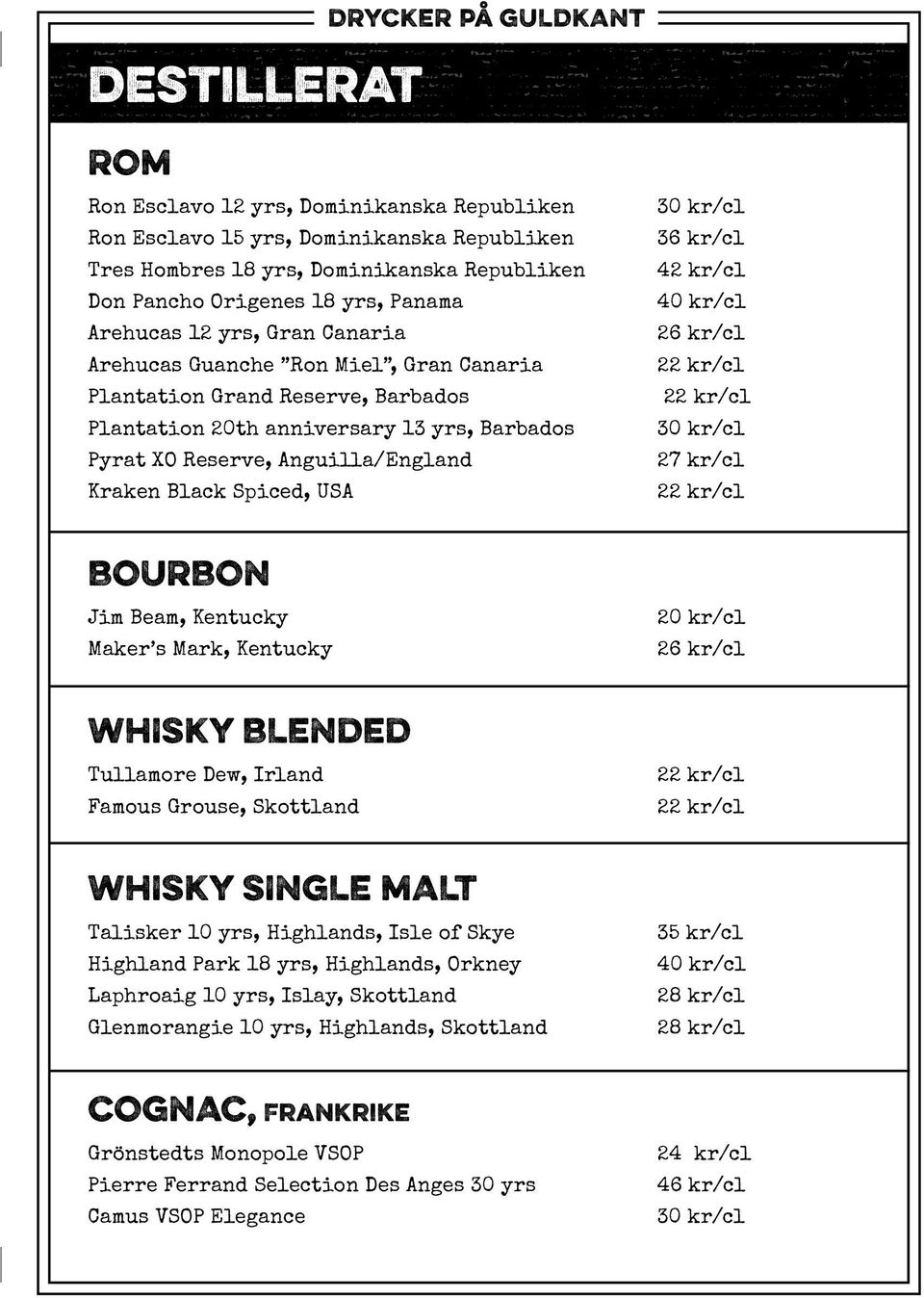 Black Spiced, USA 30 kr/cl 36 kr/cl 42 kr/cl 40 kr/cl 26 kr/cl 30 kr/cl 27 kr/cl BOURBON Jim Beam, Kentucky Maker s Mark, Kentucky 20 kr/cl 26 kr/cl WHISKY BLENDED Tullamore Dew, Irland Famous