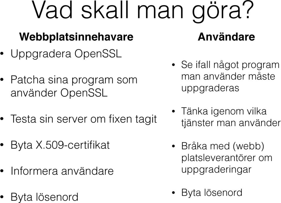 server om fixen tagit Byta X.509-certifikat Informera användare Byta lösenord!