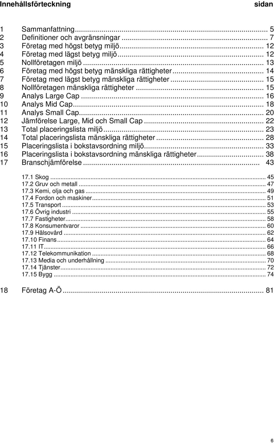 .. 18 11 Analys Small Cap... 20 12 Jämförelse Large, Mid och Small Cap... 22 13 Total placeringslista miljö... 23 14 Total placeringslista mänskliga rättigheter.