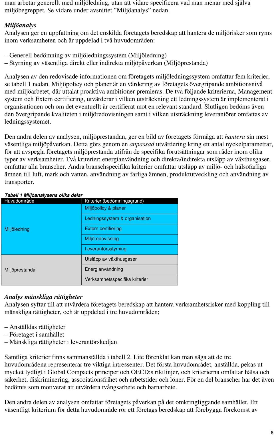 miljöledningssystem (Miljöledning) Styrning av väsentliga direkt eller indirekta miljöpåverkan (Miljöprestanda) Analysen av den redovisade informationen om företagets miljöledningssystem omfattar fem