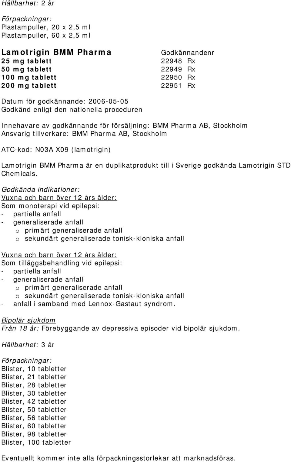 Pharma är en duplikatprodukt till i Sverige godkända Lamotrigin STD Chemicals.