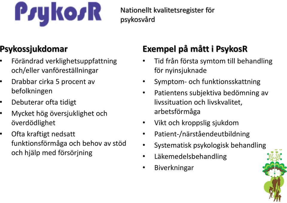 psykosvård Exempel på mått i PsykosR Tid från första symtom till behandling för nyinsjuknade Symptom- och funktionsskattning Patientens subjektiva bedömning