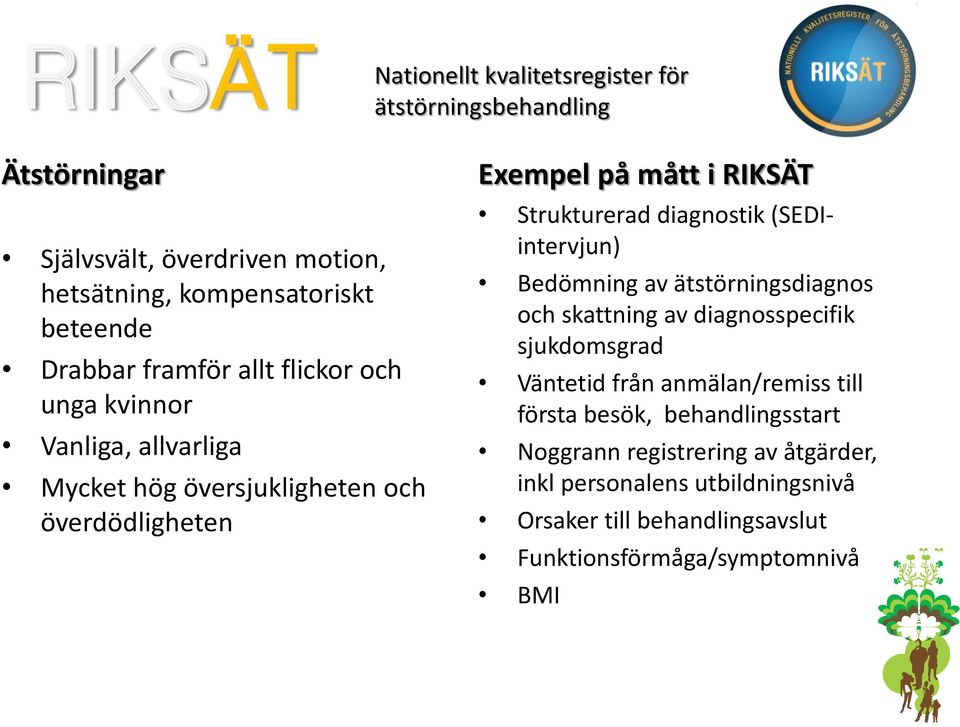 Strukturerad diagnostik (SEDIintervjun) Bedömning av ätstörningsdiagnos och skattning av diagnosspecifik sjukdomsgrad Väntetid från anmälan/remiss