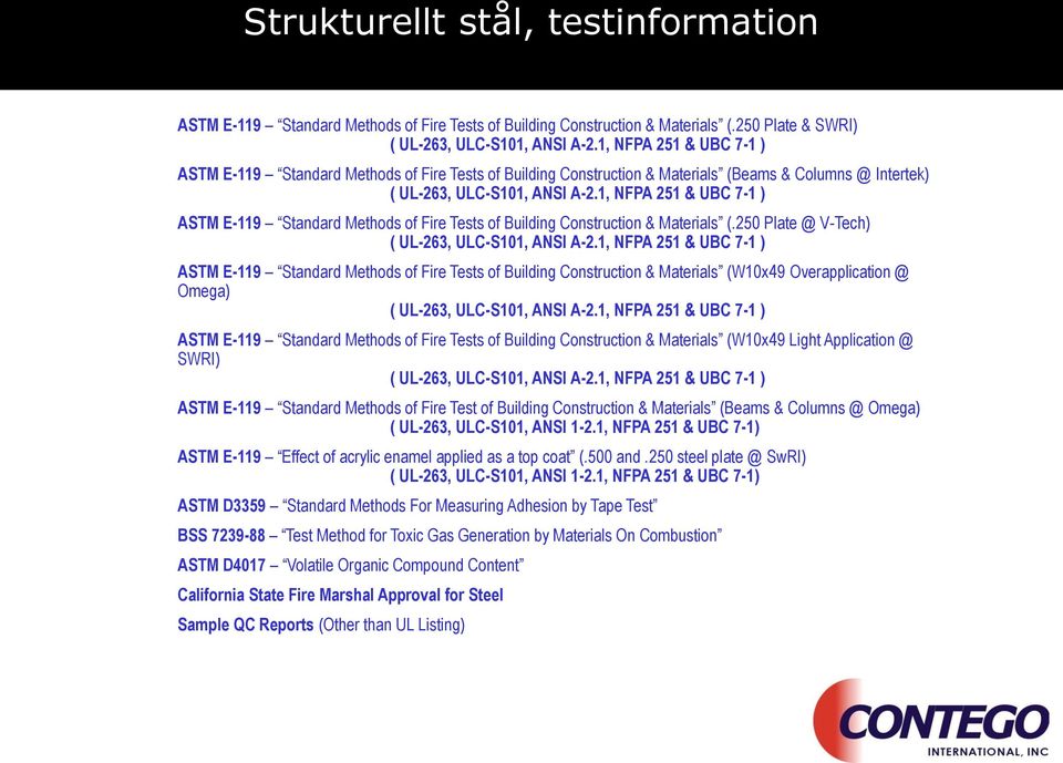 1, NFPA 251 & UBC 7-1 ) ASTM E-119 Standard Methods of Fire Tests of Building Construction & Materials (.250 Plate @ V-Tech) ( UL-263, ULC-S101, ANSI A-2.